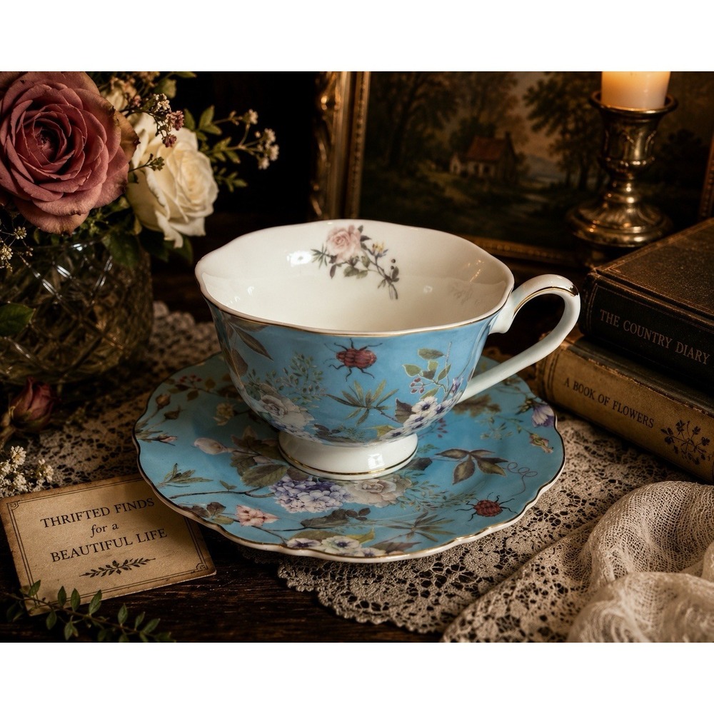 Grace Teaware Blue Floral Garden Oversized Teacup & Saucer Porcelain Gold Trim